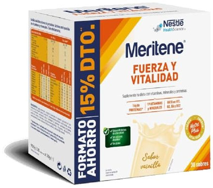 Meritene, Fuerza y Vitalidad para tus Músculos, Batidos Sabor Vainilla, Solución Nutricional para Adultos con Proteínas, Vitaminas y Minerales, 30 Sobres, 900 g