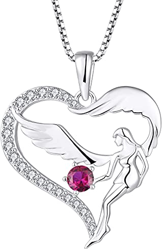 FJ Herz Schutzengel Halskette Damen 925 Sterling Silber Engelsflügel Kette Anhänger Rubin Juli Geburtsstein Halskette Schmuck Geschenke für Frauen Mädchen
