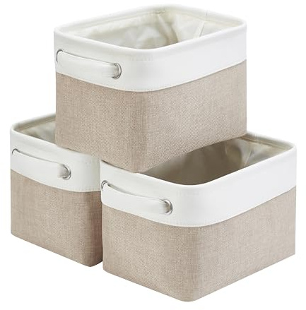 Mangata Petite Panier de Rangement Lot de 3, boites de Rangement en Tissu avec Poignée pour Étagères, Placard, Jouets (Pliable, Blanc Kaki Clair)