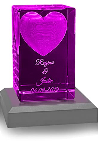 Zelaro Kristall Glas 3D Herz mit Wunschtext inkl. LED Leuchtsockel & Gravur | Personalisiertes Geschenk für Frauen und Männer | Geschenkidee zu Weihnachten, Valentinstag oder Jahresstag (Silber)