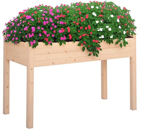 Outsunny Huerto Urbano Elevado de Madera, Mesa de Cultivo con Tela no Tejida y 4 Orificios de Drenaje, para Cultivo, Plantas, Flores y Verduras, 122,5x56,5x76 cm, Natural