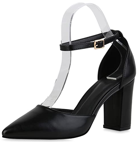 VAN HILL Damen Spitze Pumps Klassische Freizeit Schuhe Blockabsatz Abendschuhe Elegante Leder-Optik Absatzschuhe 211240 Schwarz Gold 38