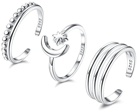 Sllaiss Anillo de Plata de Ley 925 y Oro Blanco para Dedo del Pie - 3 Piezas Ajustables y Abiertos - Joyas para Pies de Verano
