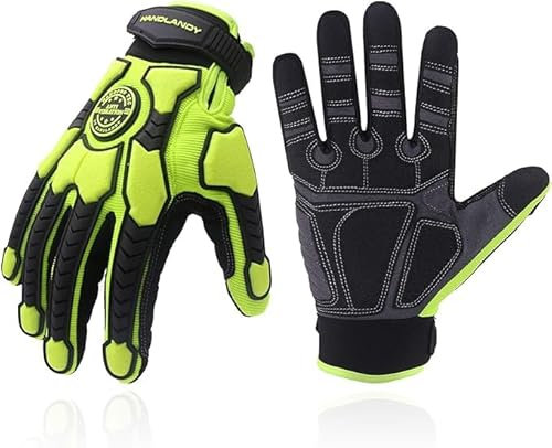 HANDLANDY Anti Vibration Gloves Men Impact Resistant Work Gloves, Padded Palm Grip Heavy Duty Working Gloves (Hi-vis Green, M)