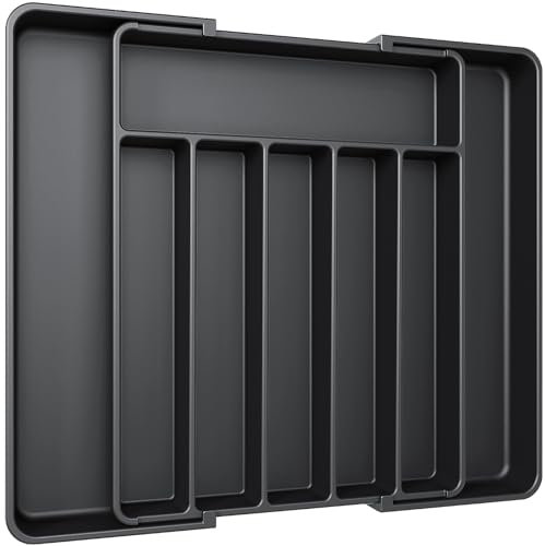 Aujen Cutlery Drawer Organiser - Expandable Kitchen Drawer Storage Organiser, Adjustable Cutlery Tray, Multipurpose Utensil Organisation for Forks, Knives, Black, 34 x 4 x 26~50 cm