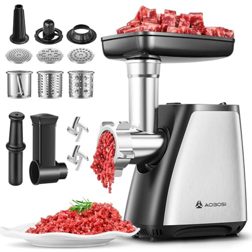 AAOBOSI Picadora de Carne, 4-En-1 Picadora de Carne Eléctrica [2800W Max] con 3 Cuchillas para Cortar, 2 Cuchillas para Desmenuzar, 4 Platos, Rellenador de Salchichas, Kit Kubbe, Acero Inoxidable