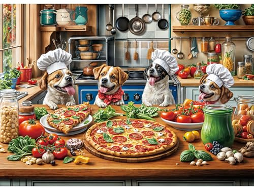 Pussel 1 000 bitar, vuxenpussel, ett utmanande pussel, pusselspel för hela för kvinnor, gåvor för män, tema: pizzamiddag för hundar