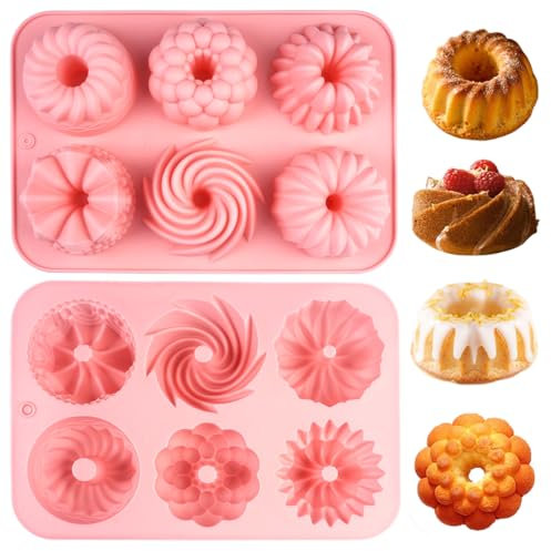 Pack of 2 Pink Mini Silicone Bundt Cake Mould, Bundt Cake Mould, Silicone Mould, 6 Capacity, Reusable Cake Mould, Small Savarin Mould, Bundt Cake Mould, Non-Stick Coated Cake Mould for Biscuits