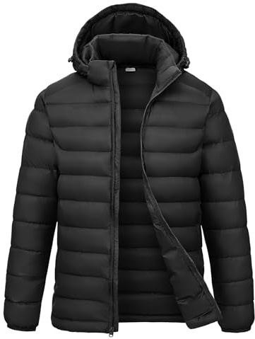 Rdruko Men's Puffer Jacket with Detachable Hood Lightweight Water Resistant Insulated Winter Puffy Coat, Black, Medium