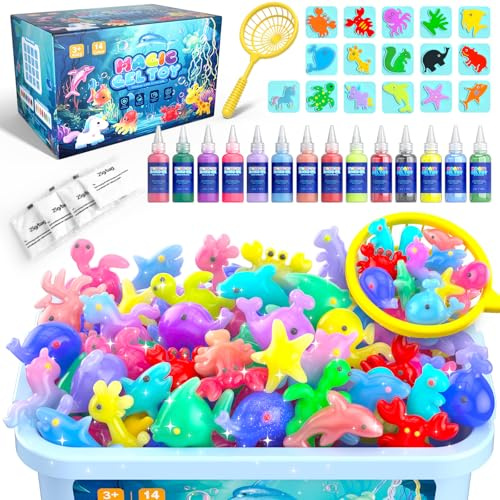Hot Bee Magic Water Kit with 14 Colors & 8 Double-Sided Molds – Aqua Gelz Arts and Crafts for Kids Age 4-10, DIY 3D Elf Gel Kids Squishy Maker, Water Magic Toy Craft Set, Cool Gifts for Girls
