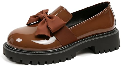 Women's Patent Leather Chunky Heel Bow Loafers Elegant Round Toe Platform Non-Slip Lug Sole Casual Dress Shoes for Business Office Work Everyday Wear (Brown,8)