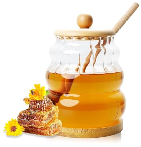 deegbbyi Pot a Miel, 450ML Pot a Miel en Verre, Pot Miels à Large Ouverture, Cuillère Et Couvercle En Bois Moulé D'une Seule Pièce, pour Conserver Miels, Confiture Jus Et Sirop (Transparent)
