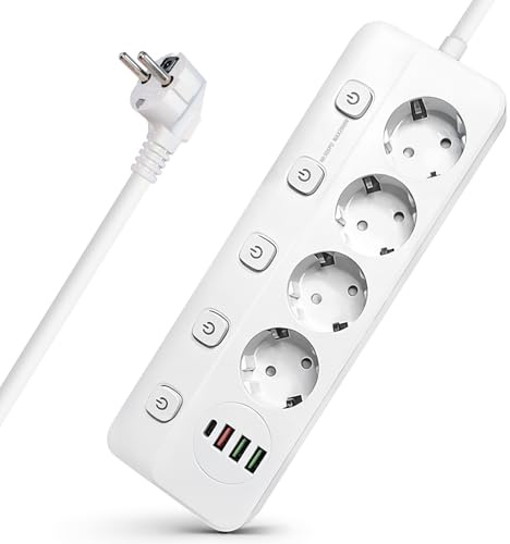 Amening Steckdosenleiste 4-Fach einzeln schaltbar, Mehrfachsteckdose mit 4 USB (5V/2.0A), rutschfeste Tischsteckdose mit 2m Verlängerungskabel, Kindersicherung & Überlastschutz, Weiß (Max. 2500W)