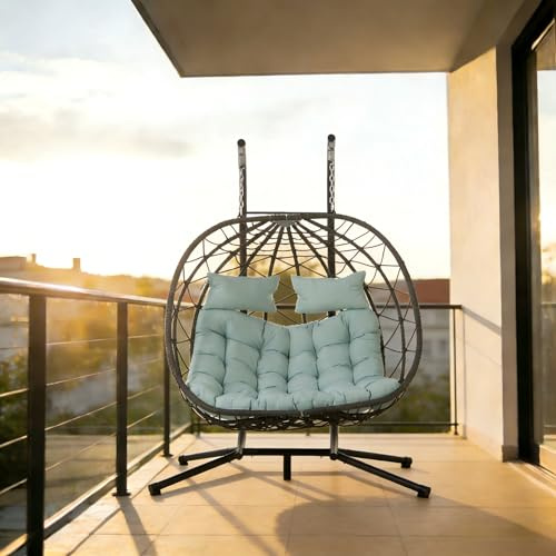 KEIKI Double Swing Egg Chair with Stand, Patio Rattan Wicker 2-Person Hanging Basket Chair with UV Cushion, 660 lbs Capacity for Outdoor or Indoor, Mint Blue and Gray