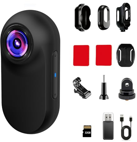 Xilecam Mini Body Cam Telecamera Indossabile, Action Cam POV Camera Include Scheda di Memoria, Telecamera Portatile Clip On Leggera per Casco Moto Vlog, Bici,Viaggi e Lavoro（Nero）