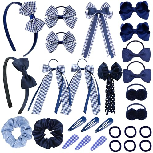 YAEGIMHT Green Hair Accessories for Girls, 28 Pcs School Hair Accessories Include Bow Hair Clips Headband Hair Bands Ribbon Ponytail Holder, Hair Bows Set for Girls Daily Dress (Navy Blue)