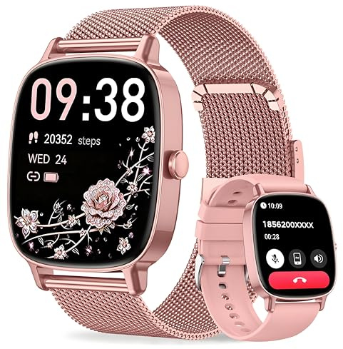 Smart Watches for Women, Answer/Make Call, 1.85'' HD Screen Fitness watch with Heart Rate/Sleep/SpO2 Monitor, Smart watch for iPhone/Android, 120+Sport Mode, IP68 waterproof - Two Straps, Rose Gold