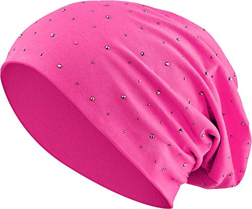 Jersey Cotone Elastico Lungo Slouch Beanie Unisex Uomini Signore con Strass Pietre Cappello Heather in 35 Colori Diversi (7) (Rosa)