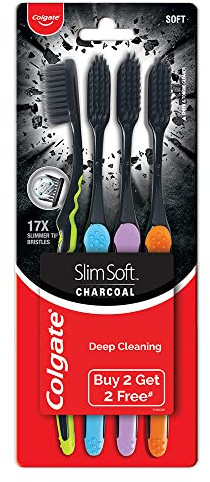 Colgate Slimsoft - Cepillo de dientes manual de carbón para adultos (compra 2, obtén 2 gratis) – 4 piezas, 17 cerdas de punta más delgada, paquete combinado de cepillo de dientes