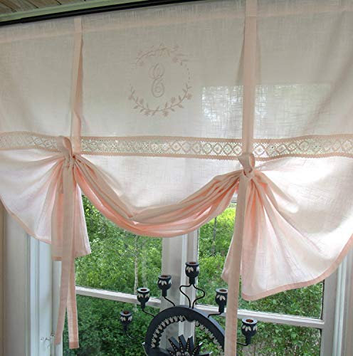 LillaBelle Rosa Raff Gardine Crystal 80x120 cm B x L(H) Scheibengardine Vintage Landhaus Shabby Bestickt Monogram