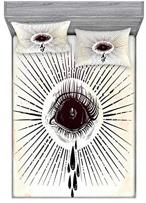 ABAKUHAUS Augapfel Buntes Spannbetttuch- und Kissen-Set, Motiv mit Reiß- und Stripes, Dekoratives und Bedrucktes 3-teiliges Bettwäscheset, 135 cm x 190 cm, Creme und Dunkelbraun