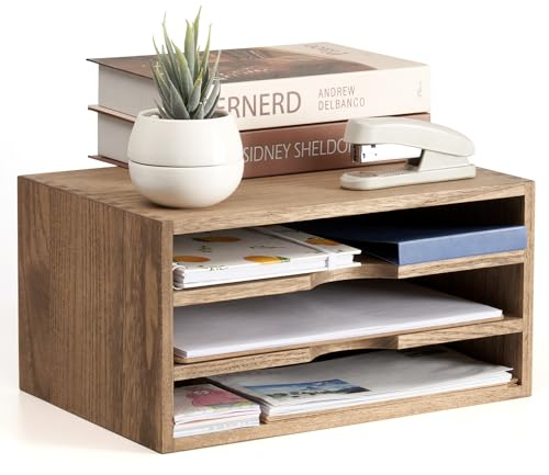 KIRIGEN Schreibtisch Dokumenten-Organizer Stand Tablett 3 Fächer Desktop Aufbewahrungsbox Organizer Rack Aktenteiler Halter Dunkelbraun