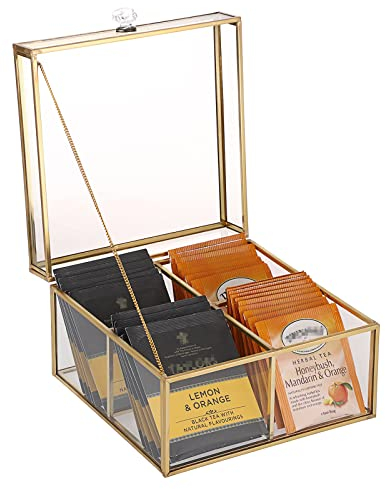 IGNPION Glass Tea Bag Organizer Storage Box Modern Tea Storage Chest with 4 Compartments Tea bag Holder Case Decorative Transparent Tea bag Caddy Holder for Coffee, Tea, Cosmetic, Jewelry