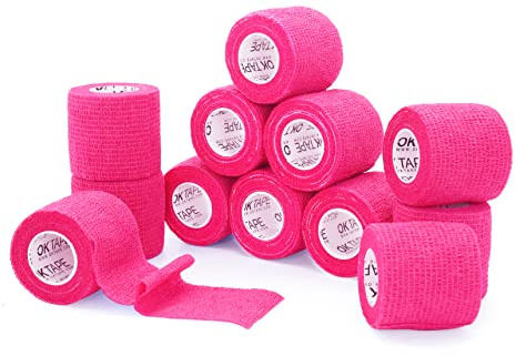OK TAPE adhésif auto - adhésif bandage 12 Rouleaux, 5cm x 4.5m non tissé adhésif Sport Pack tape,Veterinary Pack bandage tape pour pouce poignet cheville,Rose