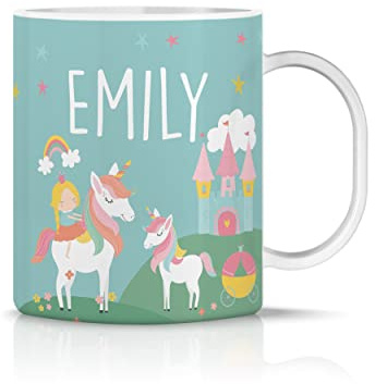 iCaseDesigner Personalised Childrens Mug - Unbreakable Lightweight Polymer - Add Your Own Name - Unicorn & Princess