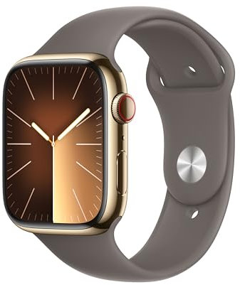 Apple Watch Series 9 [GPS + Cellular 45mm] Smartwatch with Gold Stainless steel Case with Clay Sport Band M/L. Fitness Tracker, Blood Oxygen & ECG Apps, Always-On Retina Display, Water Resistant