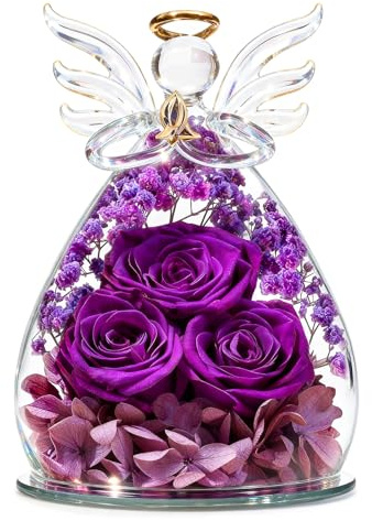 Beferr Mothers Day Mom Birthday Gifts for Women, Fresh Flowers for Delivery Forever Preserved Rose in Glass Angel Figurine, Anniversary Christian Real Rose for Grandma Nana Wife Mum from Daughter Son
