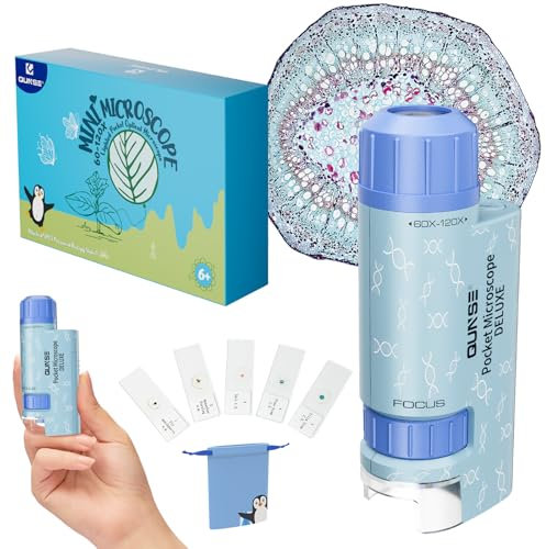 QUNSE Microscopio Portatil para Niños de Bolsillo 60x-120x para 5 Piezas Portaobjetos de Microscopio (Azul)