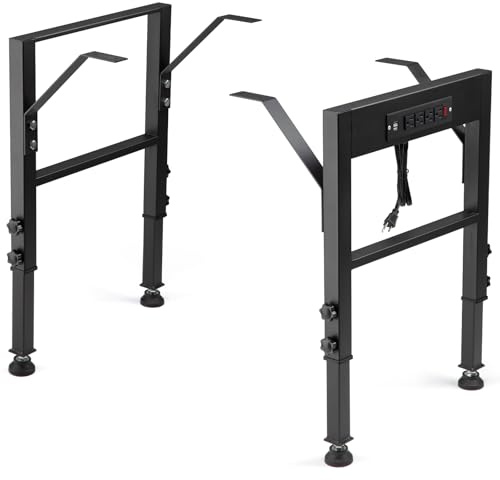 OLBRUS 19.6-Inch Depth Workbench Frame, Height Adjustable 28.5 to 33.8,Set of 4 Metal Table Legs with Floor Protectors, Heavy Duty DIY Furniture Legs for Study Desk（Power Outlets/Rubber Pad）