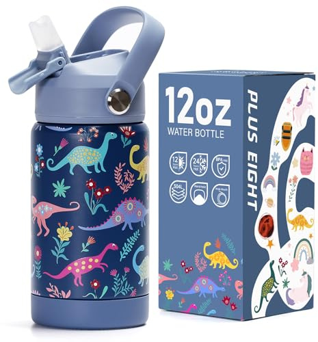 pluseight Kids Insulated Water Bottle with Straw Lid, 12 oz BPA-Free Double Wall Vacuum Tumbler 18/8 Stainless Steel Leak Proof Kids Cups with Straw for School Travel Boys Girls (Dinosaur)