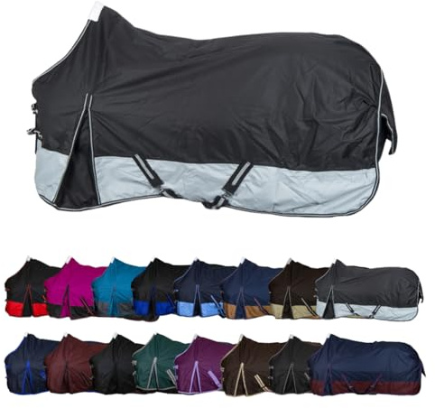 RL24 - Winterdecke Weidedecke 600D Basicline – atmungsaktive, Wind- & wasserdichte Outdoordecke mit Innenfutter & Kreuzbegurtung – Pferdedecke in Schwarz/Grau – 135cm (200g/m² Füllung)