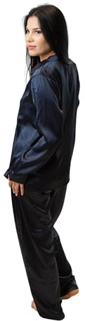 ESLI Satin unisex kvinnor män pyjamasset långärmad pyjamas button-down nattkläder mjukt sidenpyjamas, Rik svart, M-L