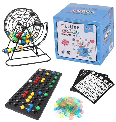 GSE Games & Sports Expert Deluxe Bingo Game Set with Steel Cage, Master Board, 75 Balls, 300 Chips, 50 Bingo Cards for Friend Parties, Game Night