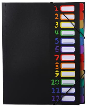 Fläktmapp A4, dokumentmapp A4, bärbar fackmapp med 12 fack, mappsystem PP plast mapp pulvermapp för skola kontorsmaterial klass sortering/samlarmapp (svart)