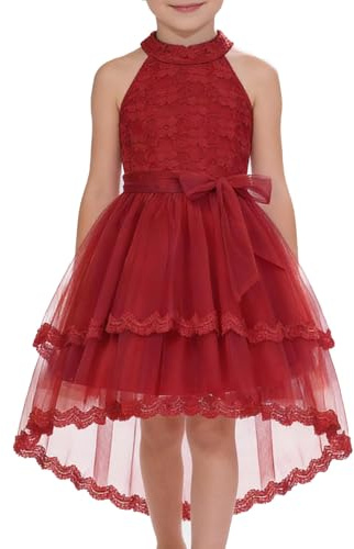 GRACE KARIN Vestidos de Niñas de las Flores de Malla para Bodas y Fiestas, Cuello Redondo, Línea A, Midi, Vestidos Festivos de Comunión, rojo oscuro, 5 años