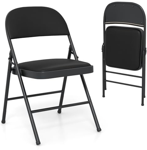 COSTWAY 1/2/4 Pack Padded Folding Chair, Easy Storage Conference Chair with Sponge Seat, Backrest & Foot Pads, Metal Frame Hall Guest Seating for Home Office (Black, PVC Leather, Mid Back, 1 Pcs)