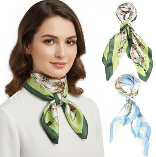 Set da 2 Foulard Donna Seta e Sciarpa Donna Seta - Eleganti Fazzoletti in Poliestere Satinato a Twill, 70x70cm, Blu/Giallo & Verde, Usabili come Bandana, Sciarpa e Copricapo