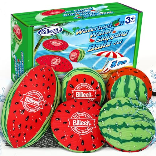 Billeeit 5Pcs Water Skipping Balls for Pool Play, Swimming Pool Bouncing Ball for Kids 4-8-12 and Adults, River Lake Ocean Beach Toys with 1 Football, 2 Round Balls and 2 Discs(Watermelon Theme)