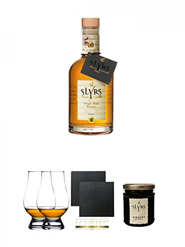 Slyrs Bavarian Whisky Deutschland 0,35 Liter + The Glencairn Glass Whisky Glas Stölzle 2 Stück + Schiefer Glasuntersetzer eckig ca. 9,5 cm Ø 2 Stück + Slyrs Kirsche Marmelade 225 Gramm Glas