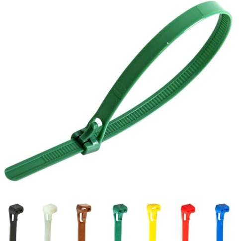 Gocableties 100 Pack of 250mm x 7.6mm Reusable Cable Ties, Heavy Duty Green Releasable Cable Ties, 10 Premium Tie Wraps, Strong Nylon Zip Ties