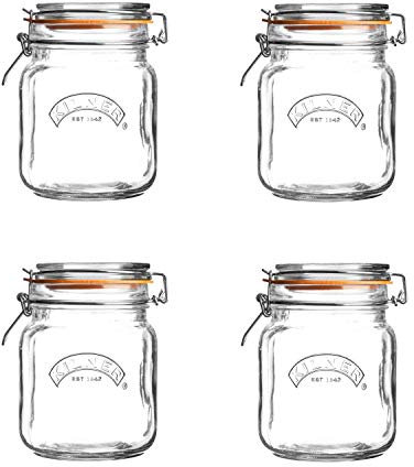 Kilner Square Clip Top Jar Set of 4, 1 Litre (1000ml) Airtight Glass Jars for Storing Coffee Beans Pickling Vegetables Chutneys Pasta Nuts BPA-Free