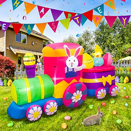 Kalolary Coniglio Gonfiabile Pasquale, 8 Piedi Lunghezza Coniglietto Gonfiabile Pasqua nel Treno Gonfiabile Decorazione Pasqua all'aperto Interni Casa Cortile Famiglia Forniture per Feste Giardino