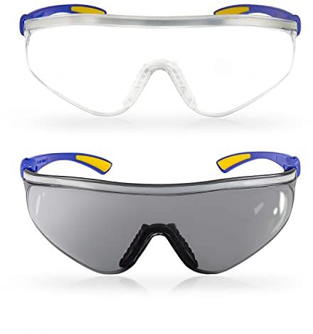 S&R Schutzbrillen Set 2 tlg mit Reinigungstuch, Tasche, transparente und getönte Sicherheits-Gläser, stoßfest, UV400 Schutz, verstellbare Bügel, EN 166, Sicherheitsbrillen,