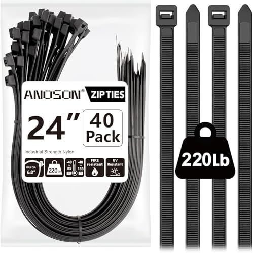 Large Zip Ties Heavy Duty Outdoor 24 inch (40 Pack), Heavy Duty Zip Ties 220 lbs, Black, by ANOSON