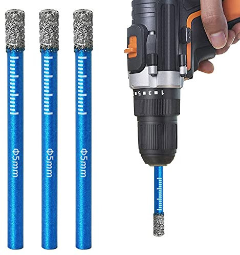 Set di 3 punte diamantate da 5 mm, punte diamantate per trapano diamantate a secco, per granito, ceramica, marmo, piastrelle, pietra, vetro, materiali duri, gambo rotondo (5 mm)