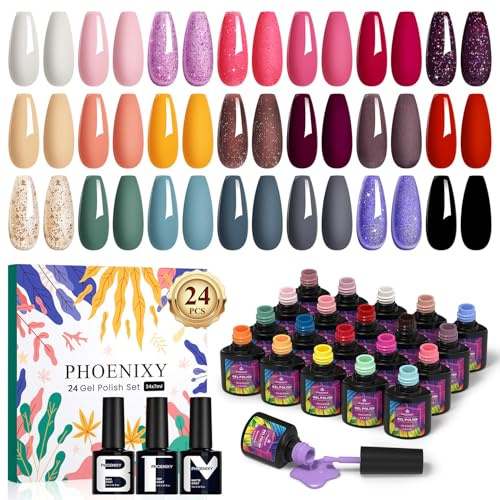 Phoenixy 24Pcs Pintauñas Semipermanentes, 7ml 21Colores Esmaltes Semipermanentes con Capa Base Capa Superior y Mate, Esmaltes Semipermanentes para Uñas con Rojo, Negro, Morado, Azul